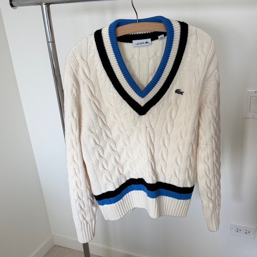 Lacoste Women's V-Neck Cable Knit Wool Sweater